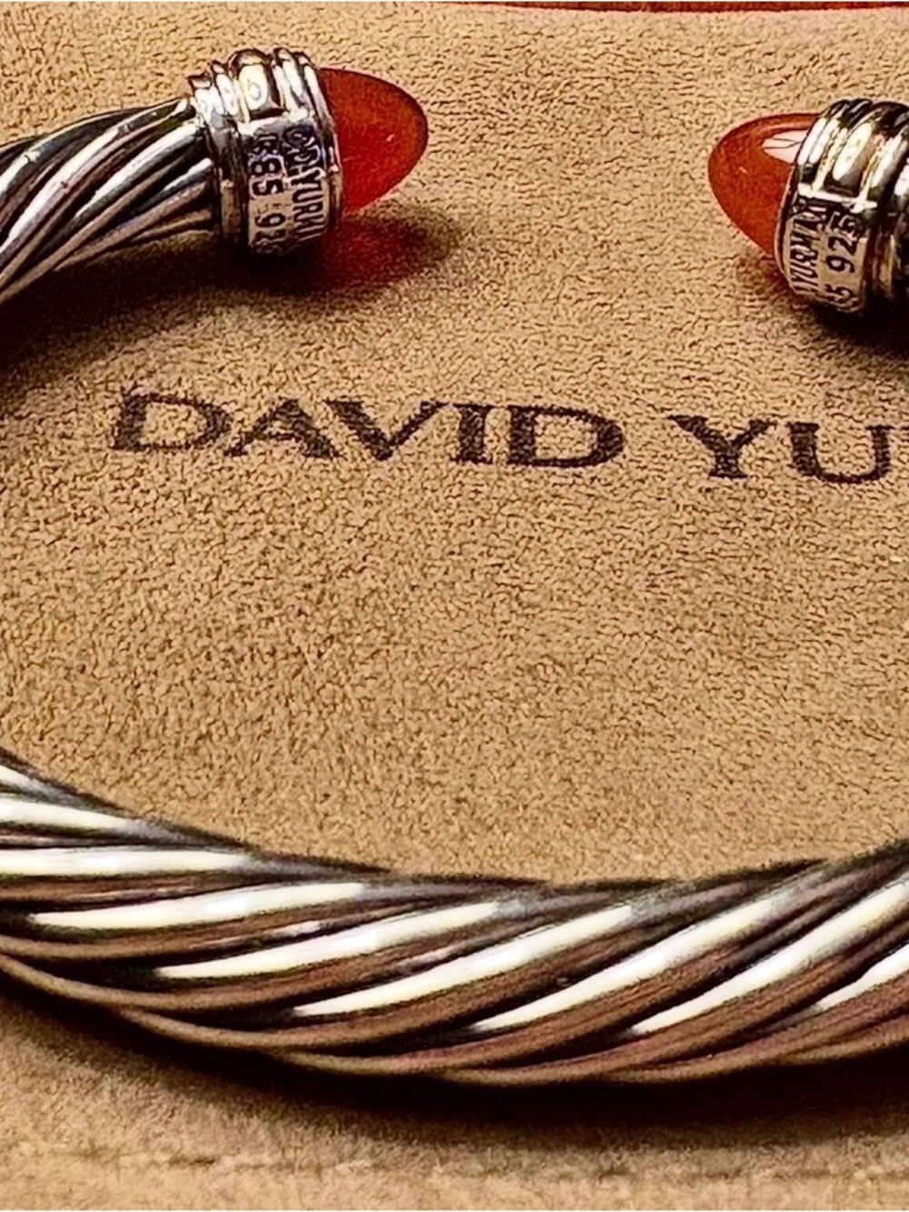 David Yurman Sterling Cable Cuff with Orange Stone Terminals - Picture 3 of 5